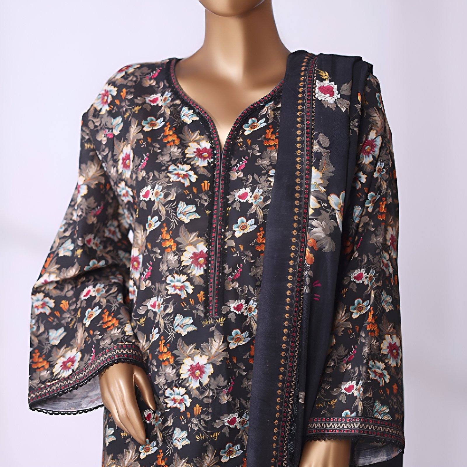Black Floral Printed 2-Piece Stitched Kurti with Dupatta – Premium Lawn - Image 4