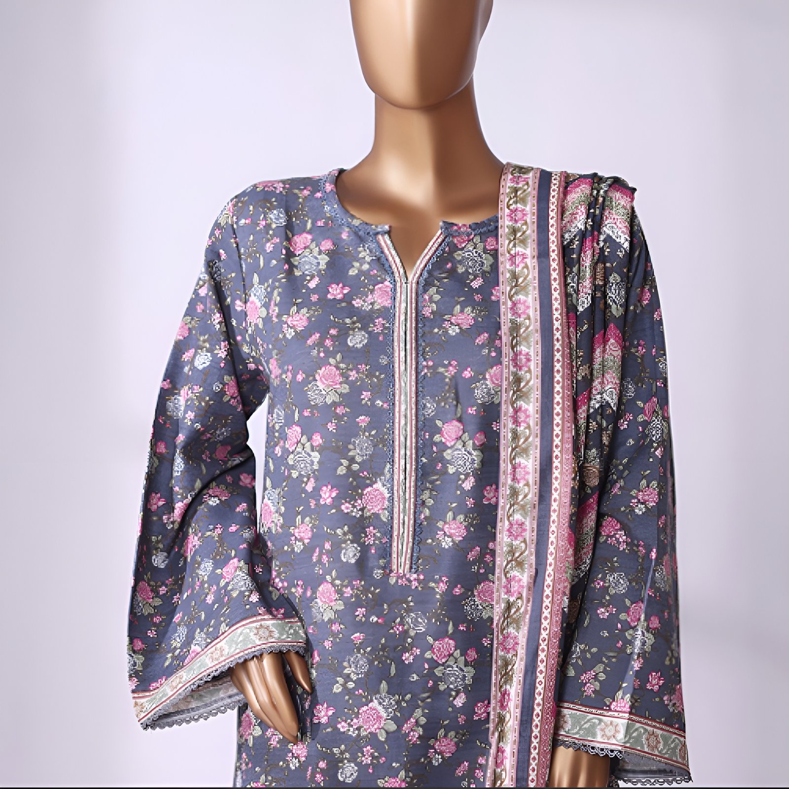 Teal Blue Floral Rose Printed 2-Piece Stitched Kurti with Dupatta – Premium Lawn - Image 4