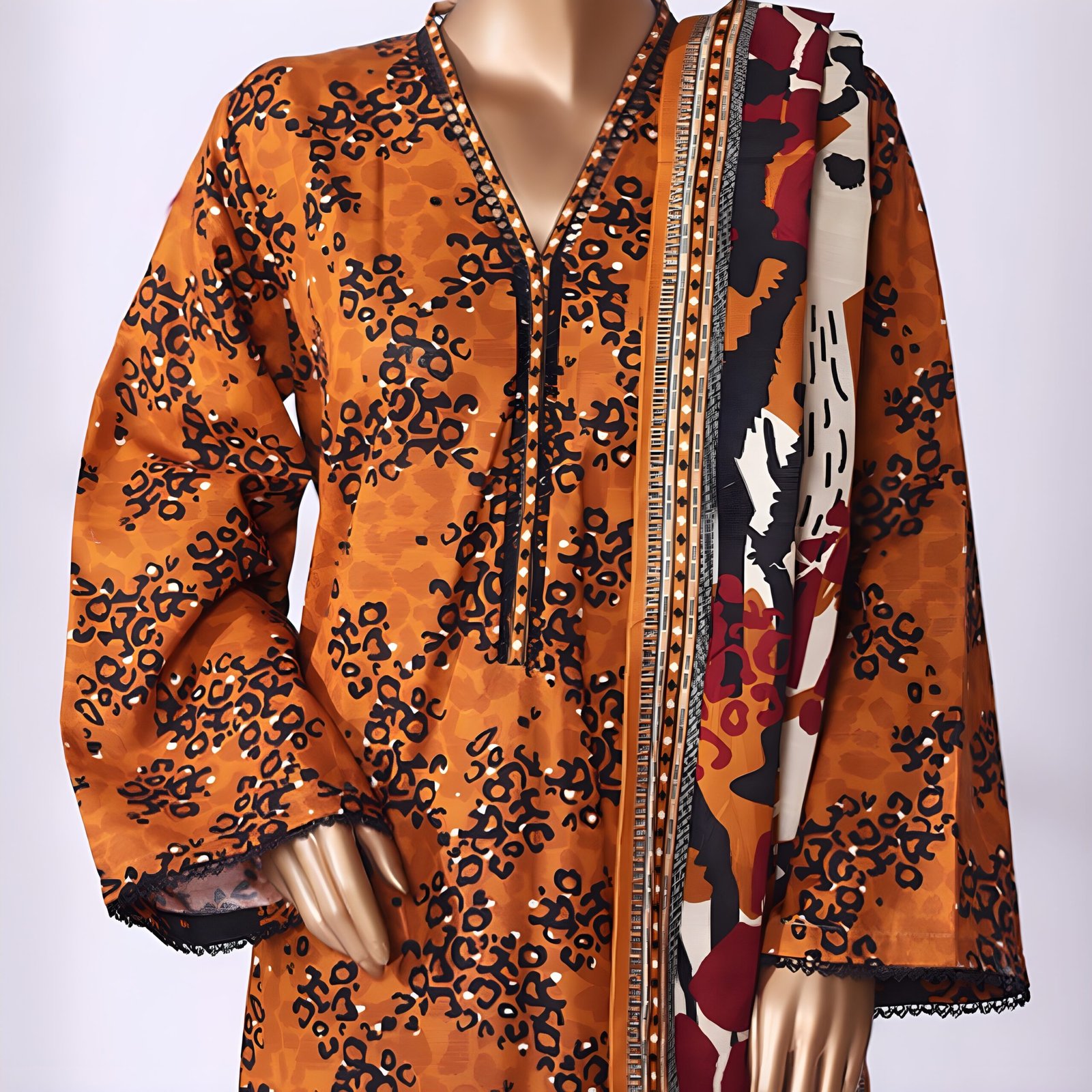 Rust Orange Abstract Animal Print – 3-Piece Stitched Suit - Image 4