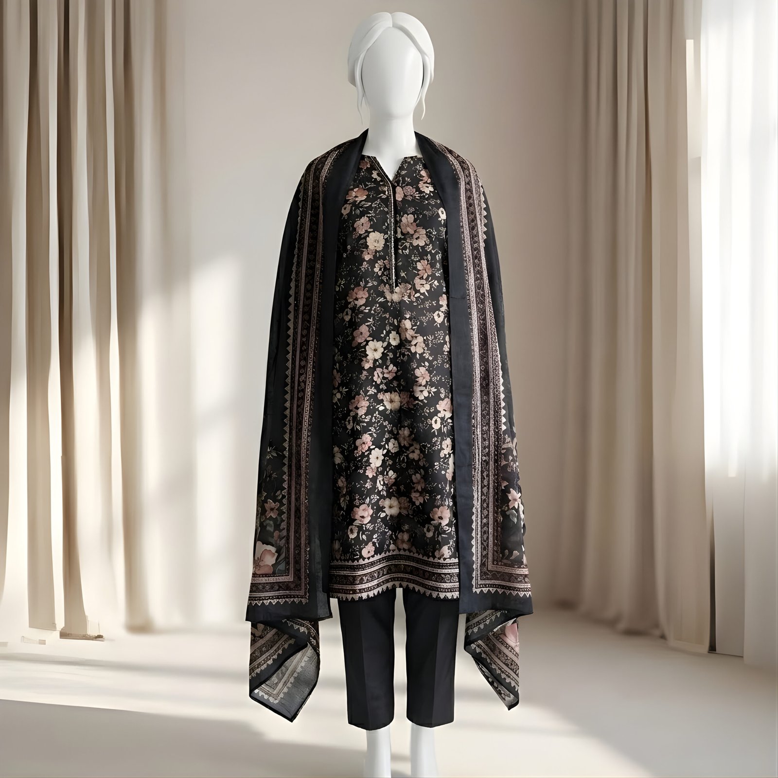 Black Peach Blossom Floral Printed 2-Piece Stitched Kurti with Dupatta – Premium Lawn