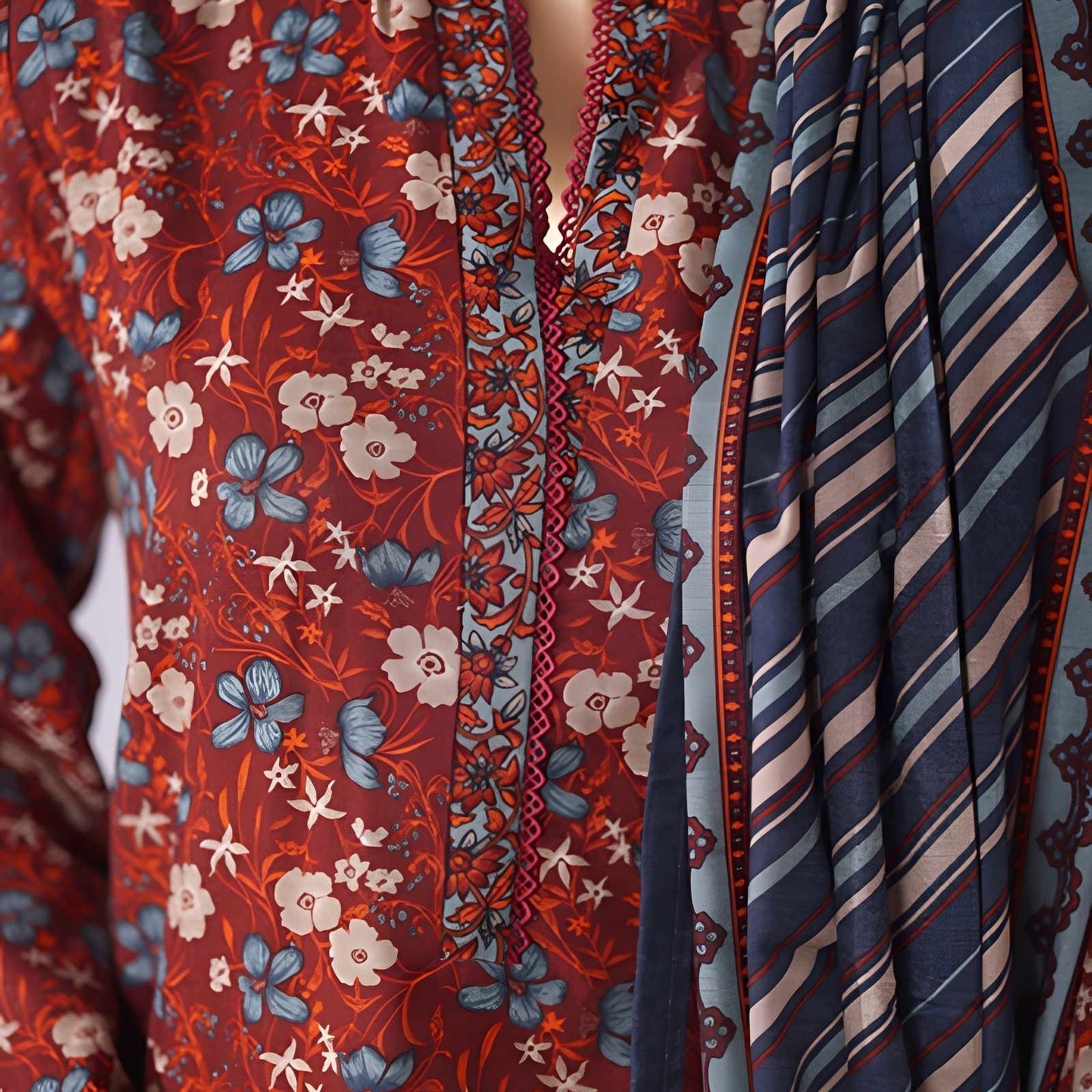 Maroon Floral Printed 2-Piece Stitched Kurti with Dupatta – Premium Lawn - Image 5
