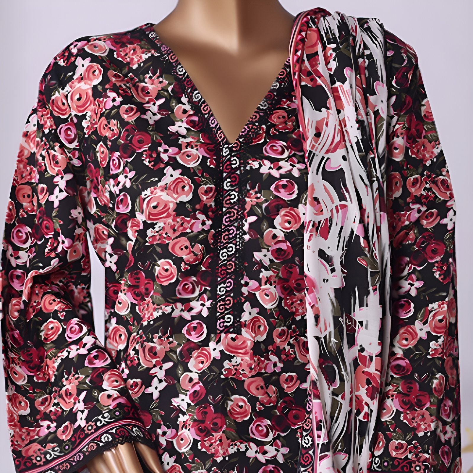 Black & Red Rose Floral Printed 2-Piece Stitched Kurti with Dupatta – Premium Lawn - Image 4