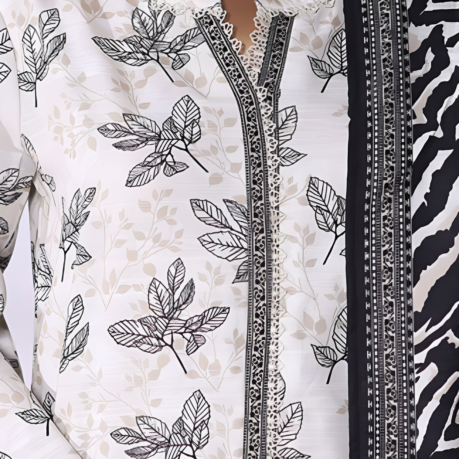 Off-White & Black Leaf Printed 2-Piece Stitched Kurti with Dupatta – Premium Lawn - Image 5