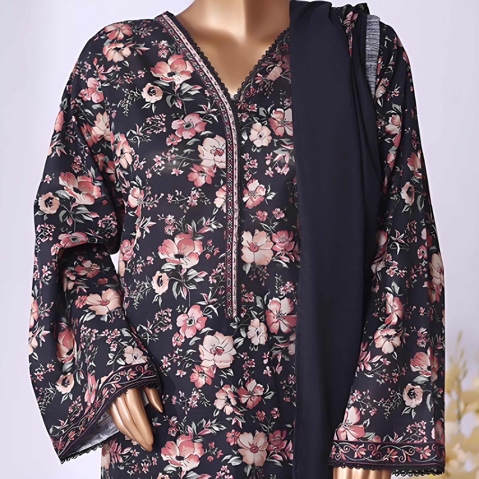Black Peach Blossom Floral Printed 2-Piece Stitched Kurti with Dupatta – Premium Lawn - Image 4