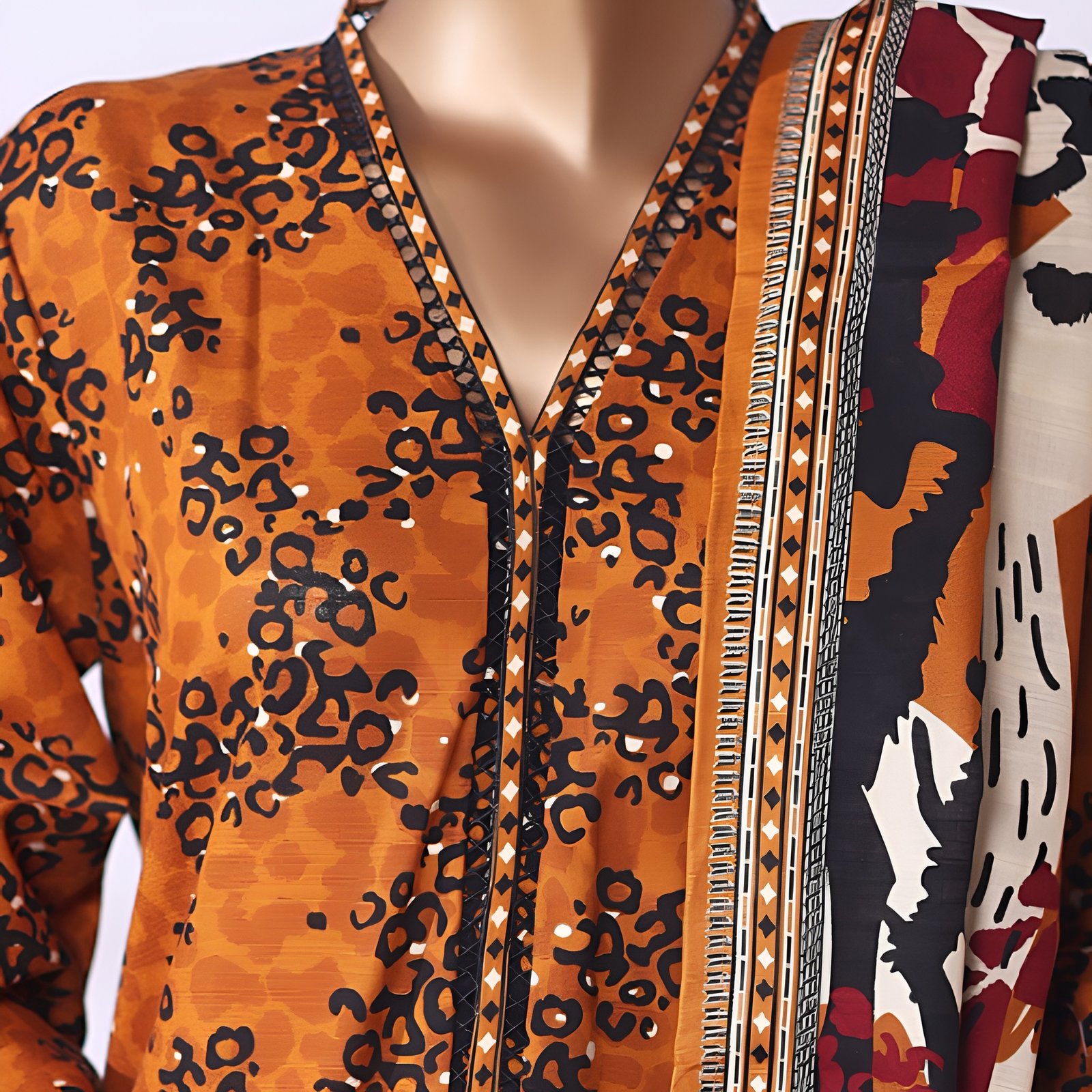 Rust Orange Abstract Animal Print – 3-Piece Stitched Suit - Image 5