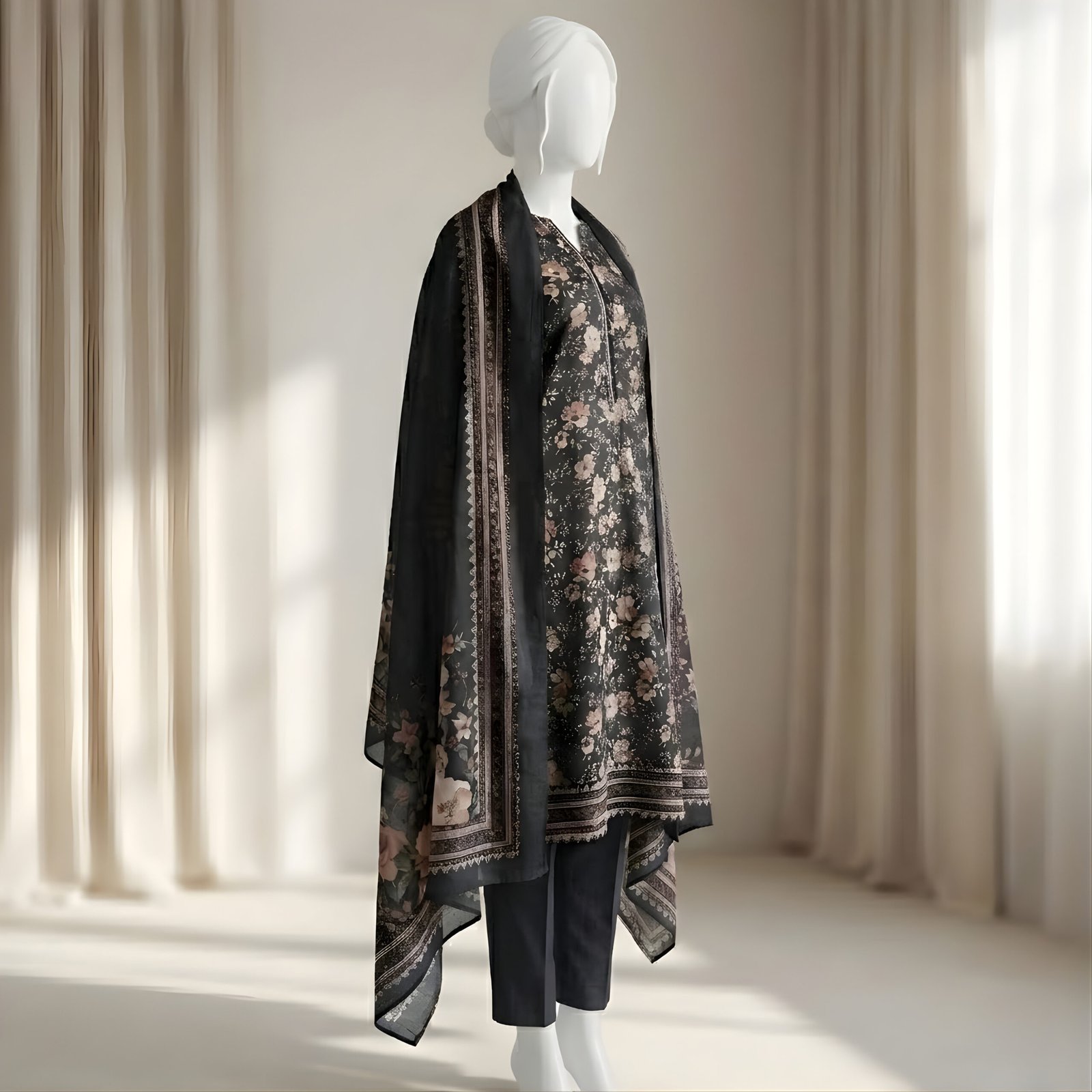 Black Peach Blossom Floral Printed 2-Piece Stitched Kurti with Dupatta – Premium Lawn - Image 2
