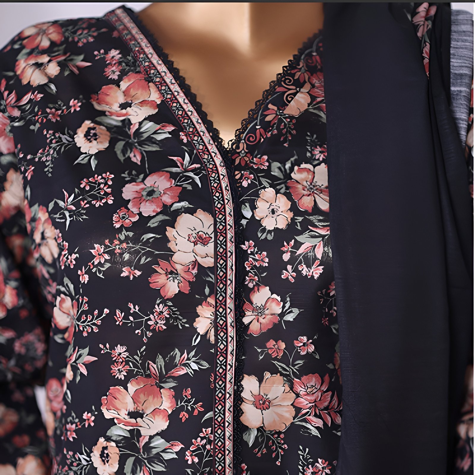 Black Peach Blossom Floral Printed 2-Piece Stitched Kurti with Dupatta – Premium Lawn - Image 5