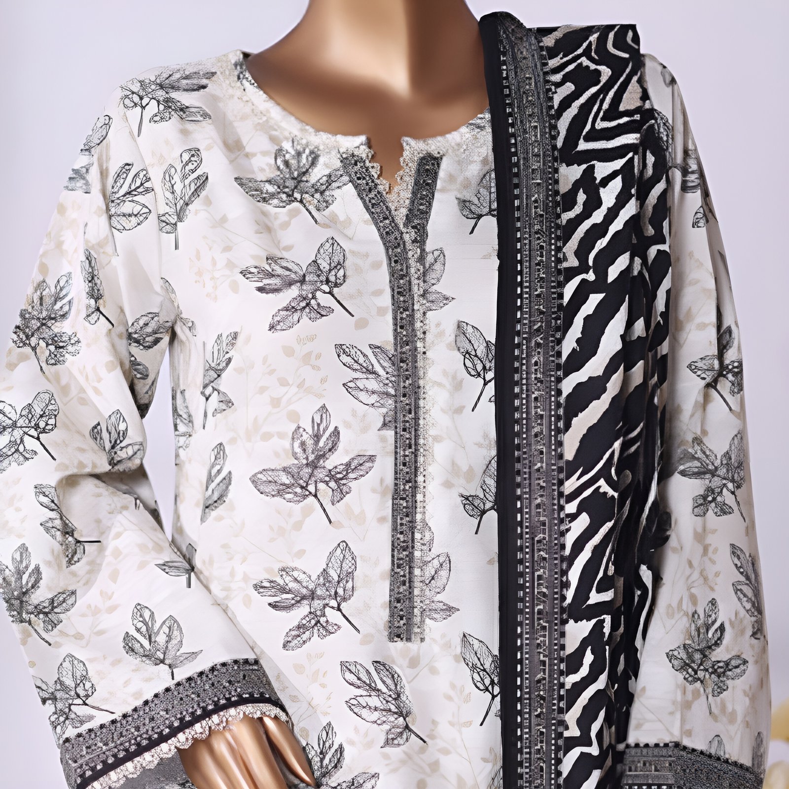 Off-White & Black Leaf Printed 2-Piece Stitched Kurti with Dupatta – Premium Lawn - Image 4