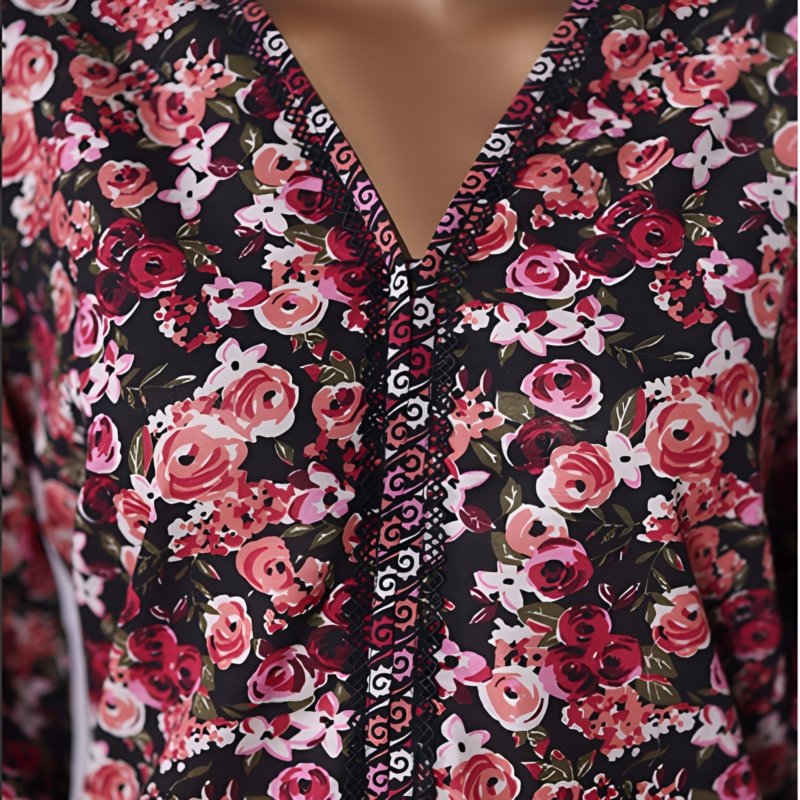 Black & Red Rose Floral Printed 2-Piece Stitched Kurti with Dupatta – Premium Lawn - Image 5