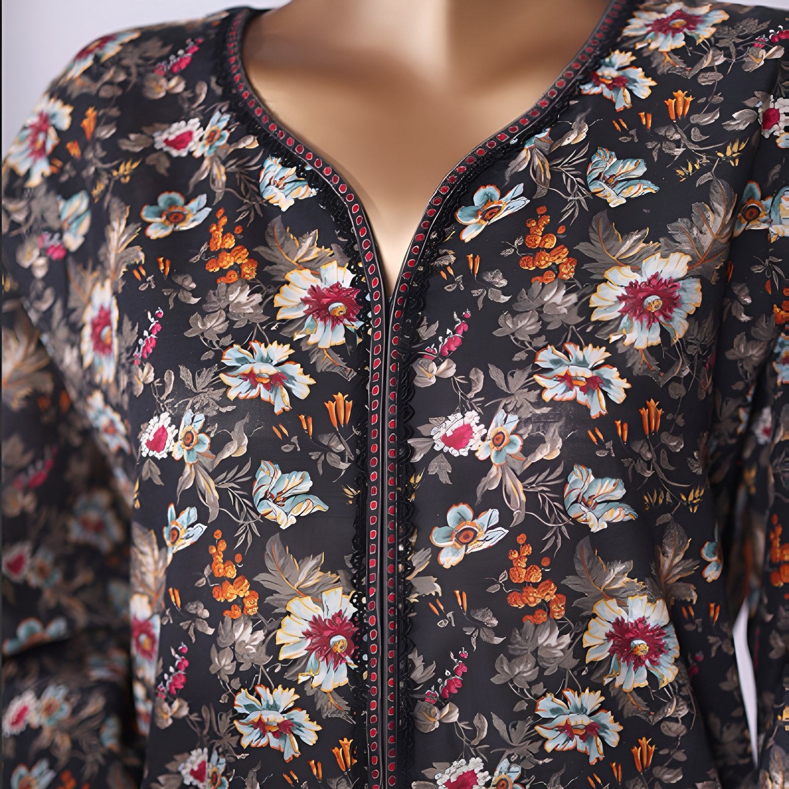 Black Floral Printed 2-Piece Stitched Kurti with Dupatta – Premium Lawn - Image 5