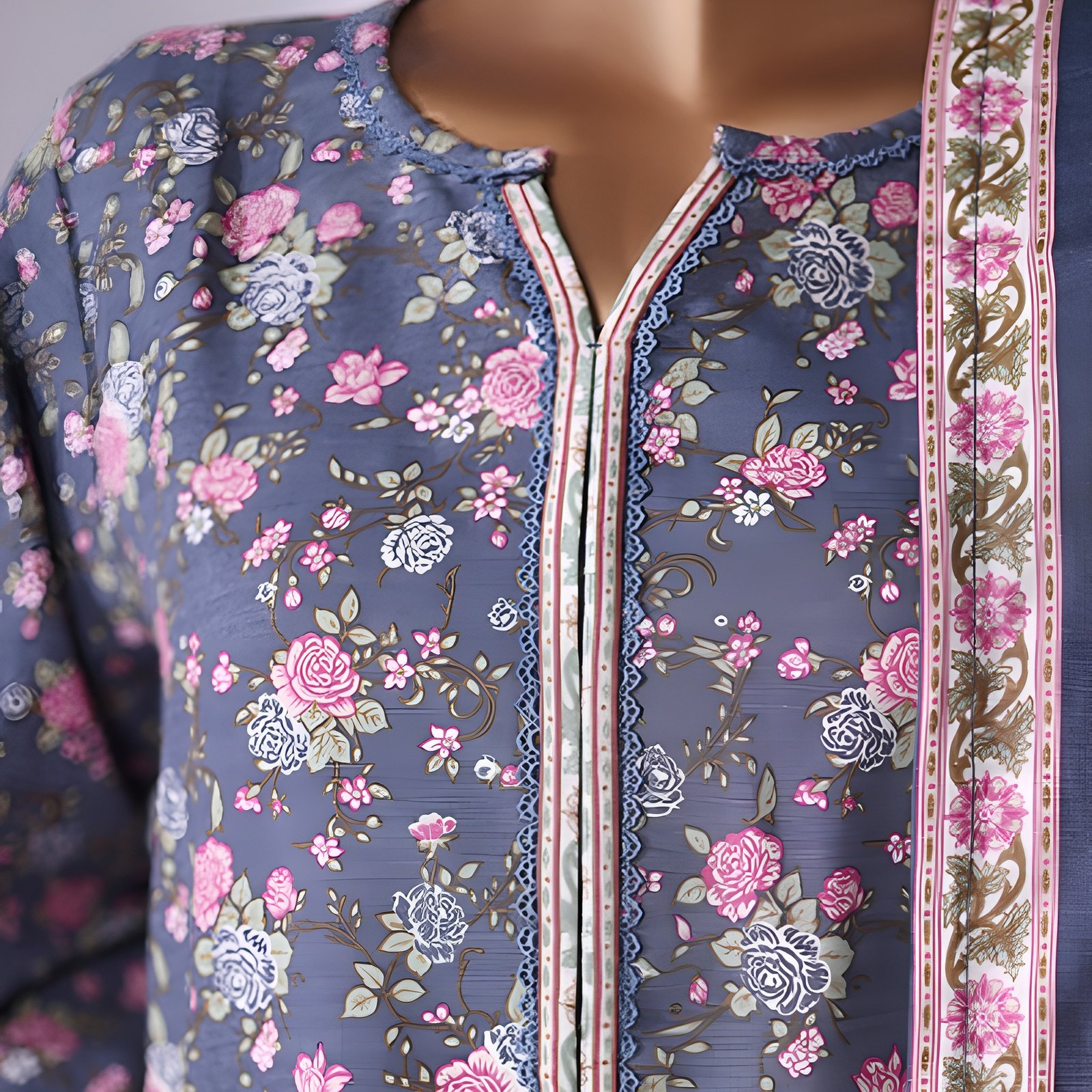 Teal Blue Floral Rose Printed 2-Piece Stitched Kurti with Dupatta – Premium Lawn - Image 5