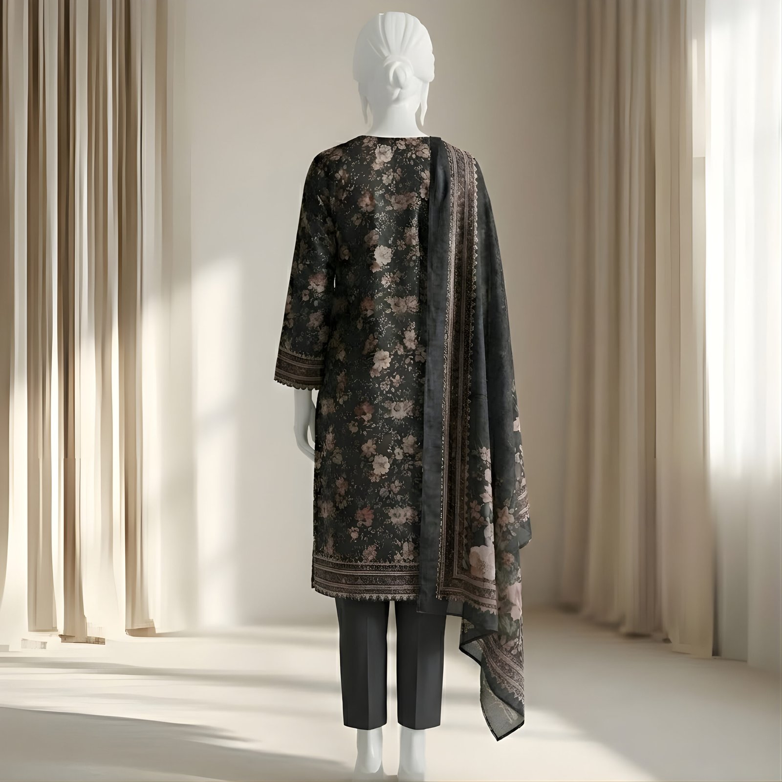 Black Peach Blossom Floral Printed 2-Piece Stitched Kurti with Dupatta – Premium Lawn - Image 3