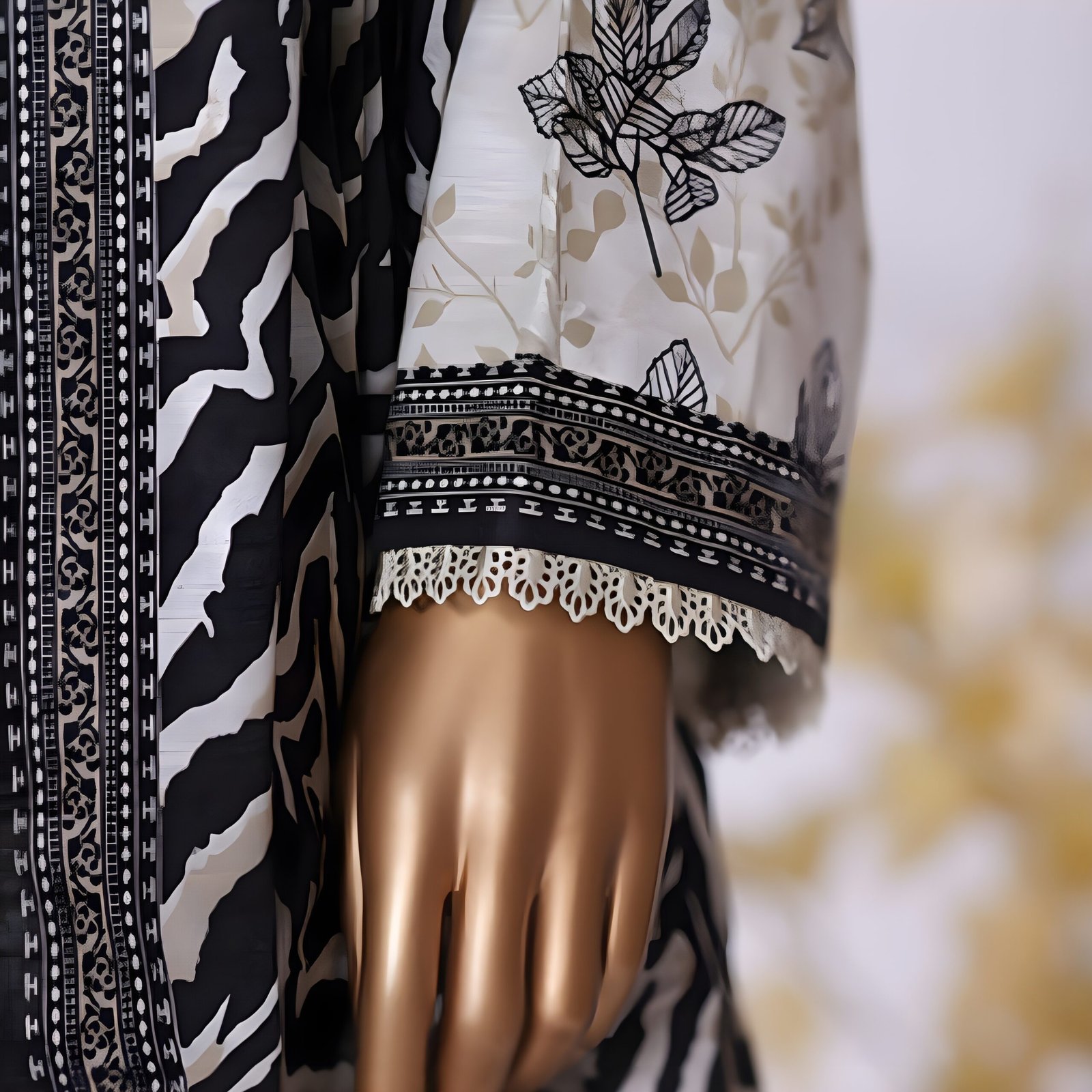 Off-White & Black Leaf Printed 2-Piece Stitched Kurti with Dupatta – Premium Lawn - Image 6
