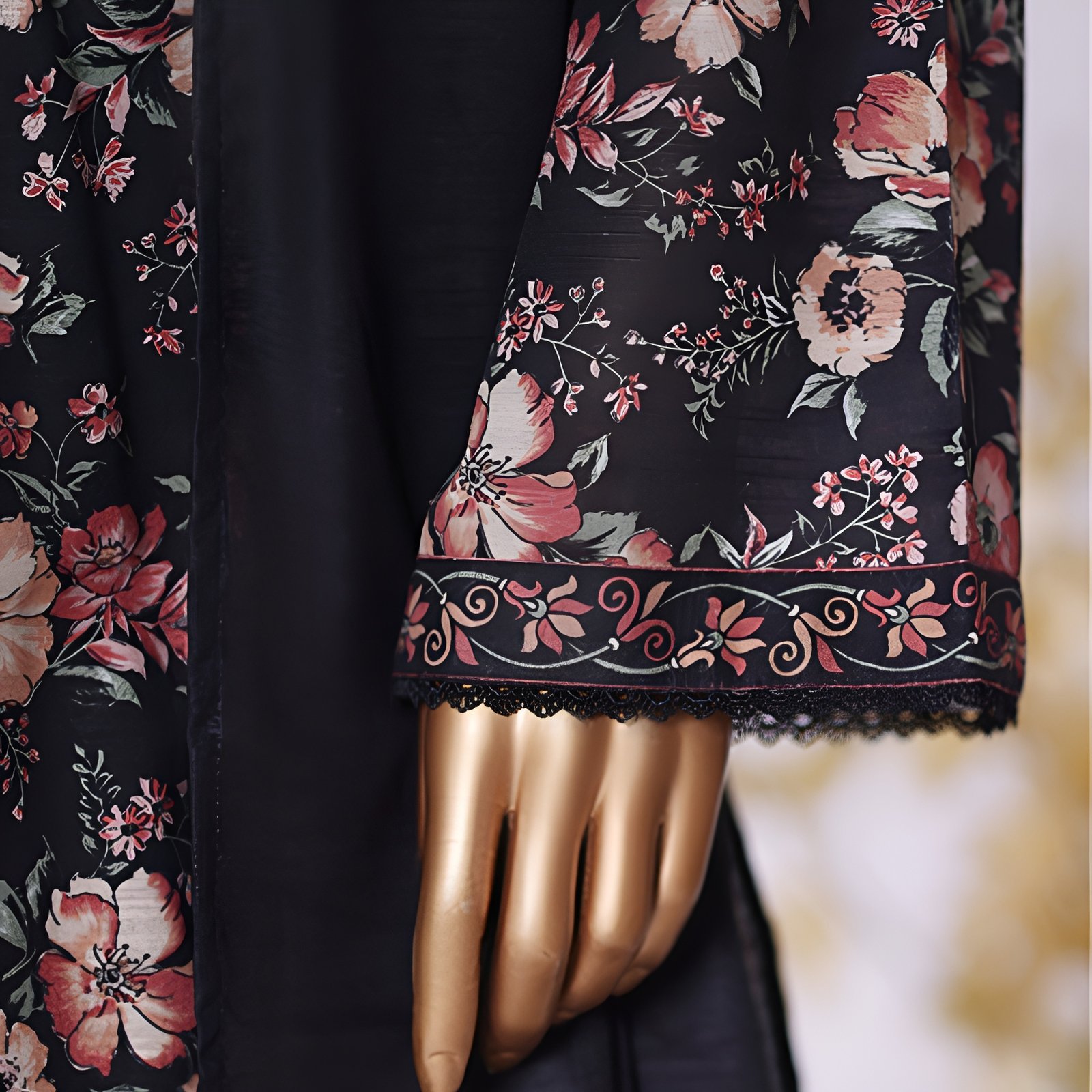 Black Peach Blossom Floral Printed 2-Piece Stitched Kurti with Dupatta – Premium Lawn - Image 6