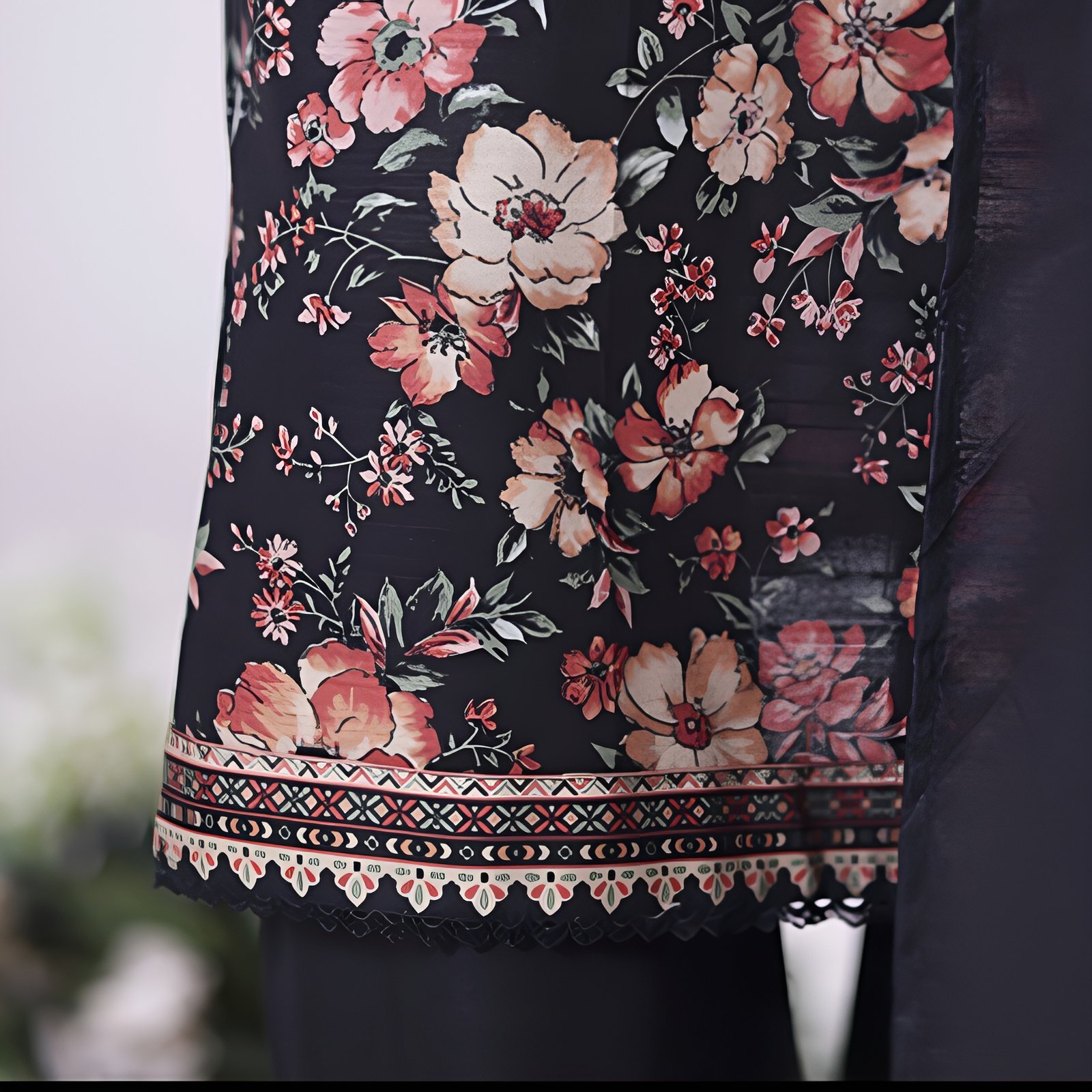 Black Peach Blossom Floral Printed 2-Piece Stitched Kurti with Dupatta – Premium Lawn - Image 7