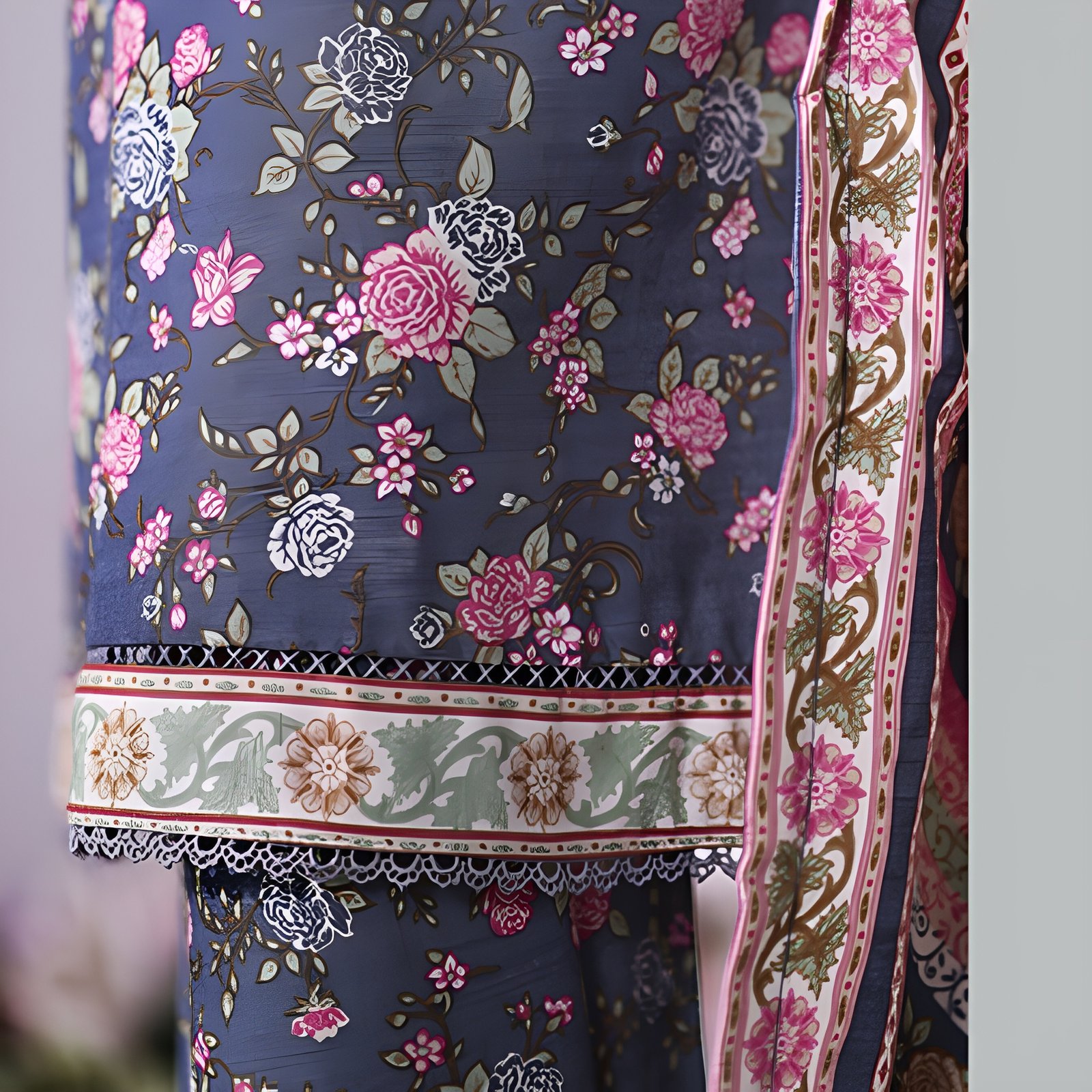 Teal Blue Floral Rose Printed 2-Piece Stitched Kurti with Dupatta – Premium Lawn - Image 7
