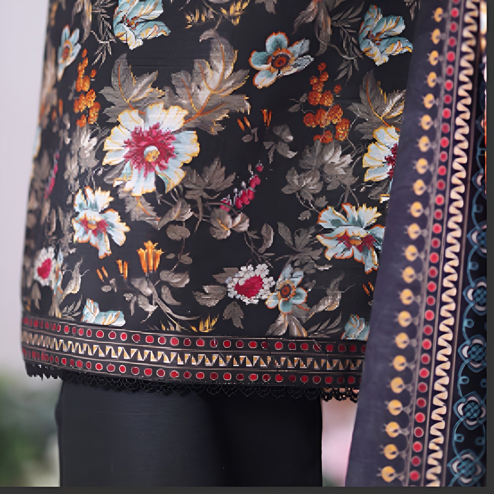 Black Floral Printed 2-Piece Stitched Kurti with Dupatta – Premium Lawn - Image 7