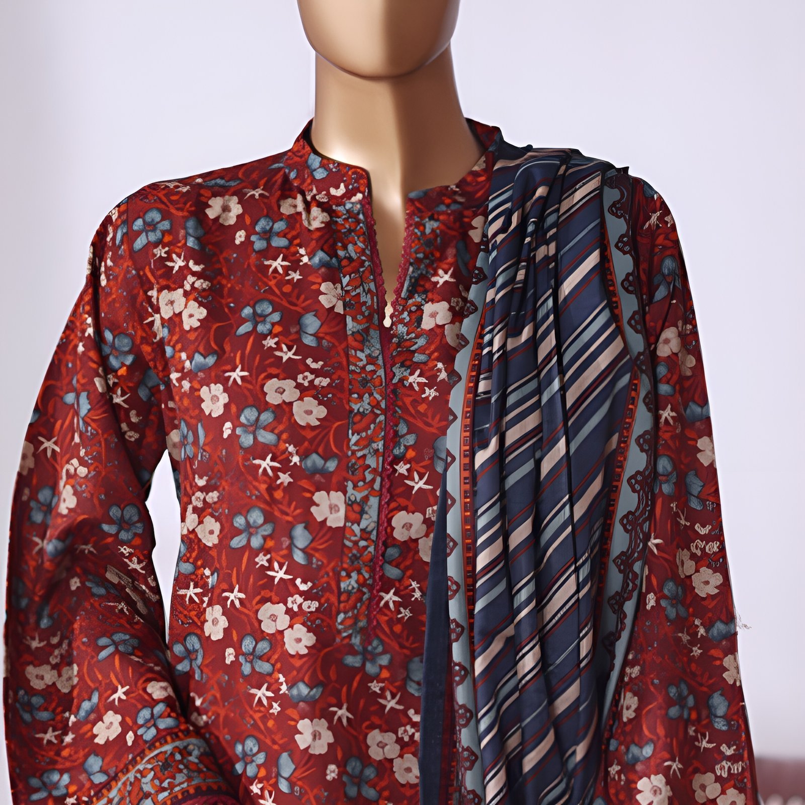 Maroon Floral Printed 2-Piece Stitched Kurti with Dupatta – Premium Lawn - Image 4