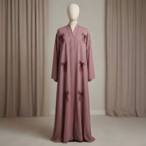 Dusty Pink Beaded Bow Abaya | Elegant Hand-Embellished Open Front Gown