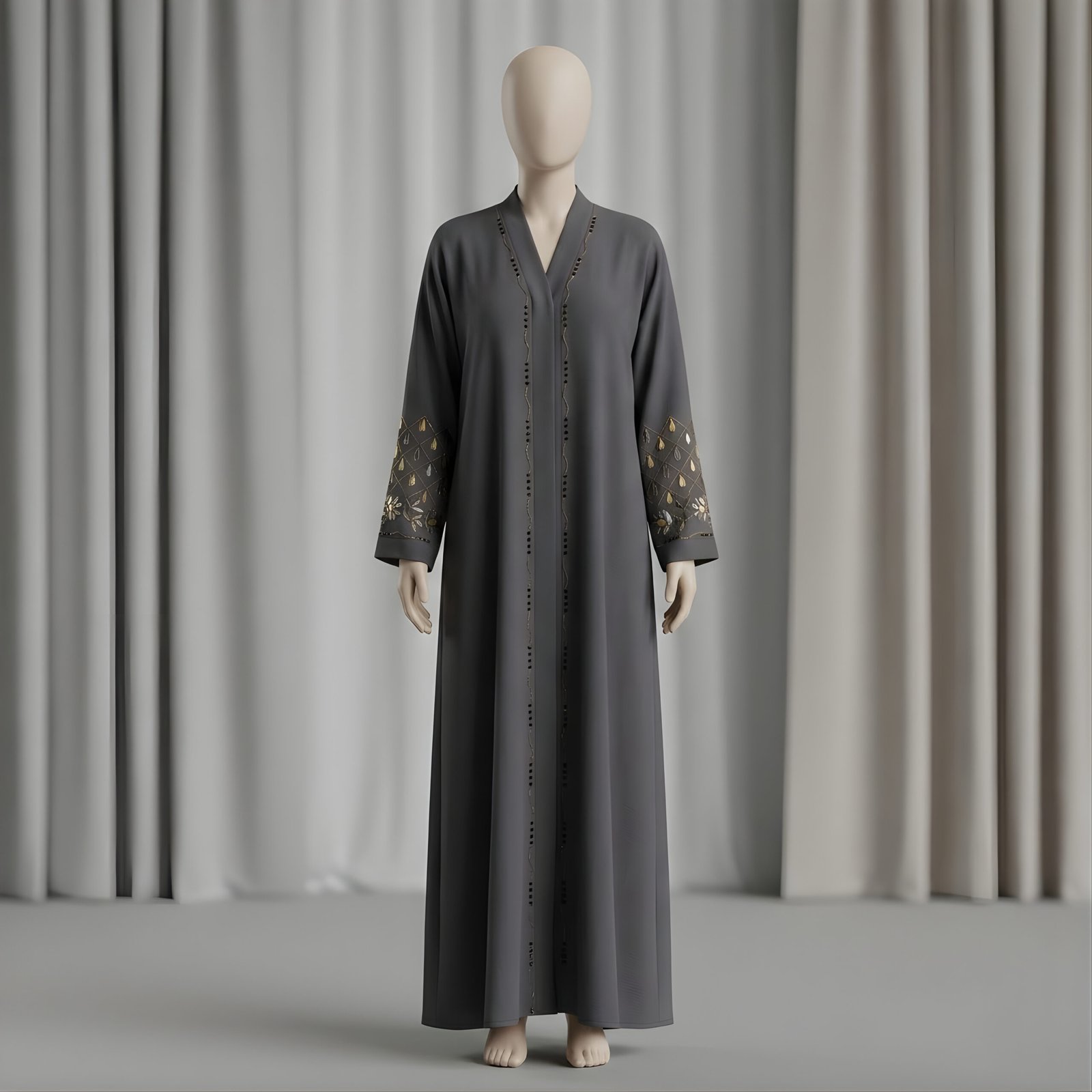 Elegant Mocha Brown Open-Front Abaya with Leaf Embroidery