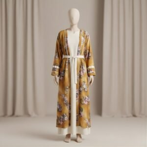 Golden Mustard Floral Print 3-Piece Abaya Set (Korean Georgette)