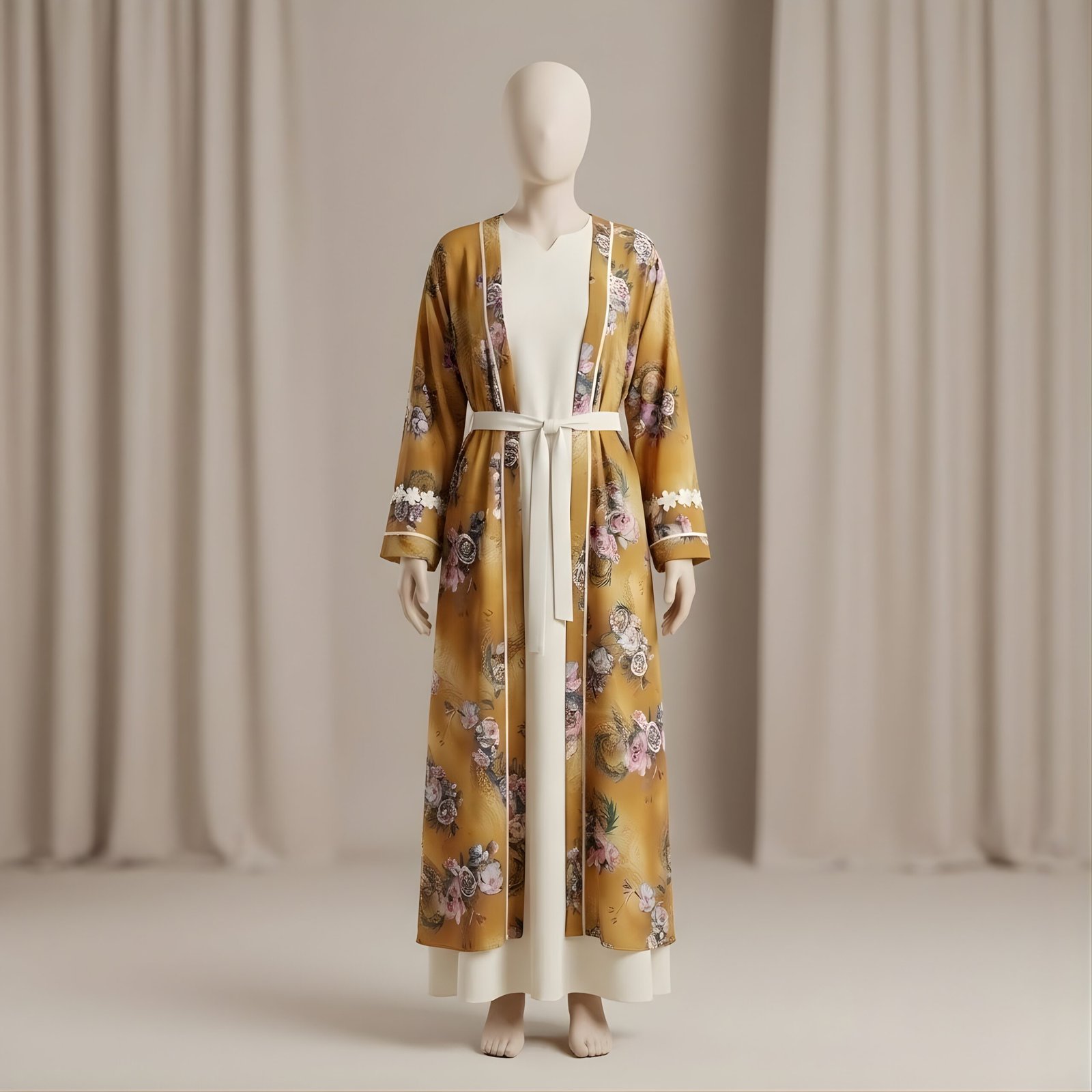 Golden Mustard Floral Print 3-Piece Abaya Set (Korean Georgette)