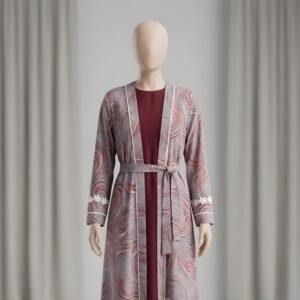 Mauve & Grey Abstract Swirl Print 3-Piece Abaya Set (Korean Georgette)