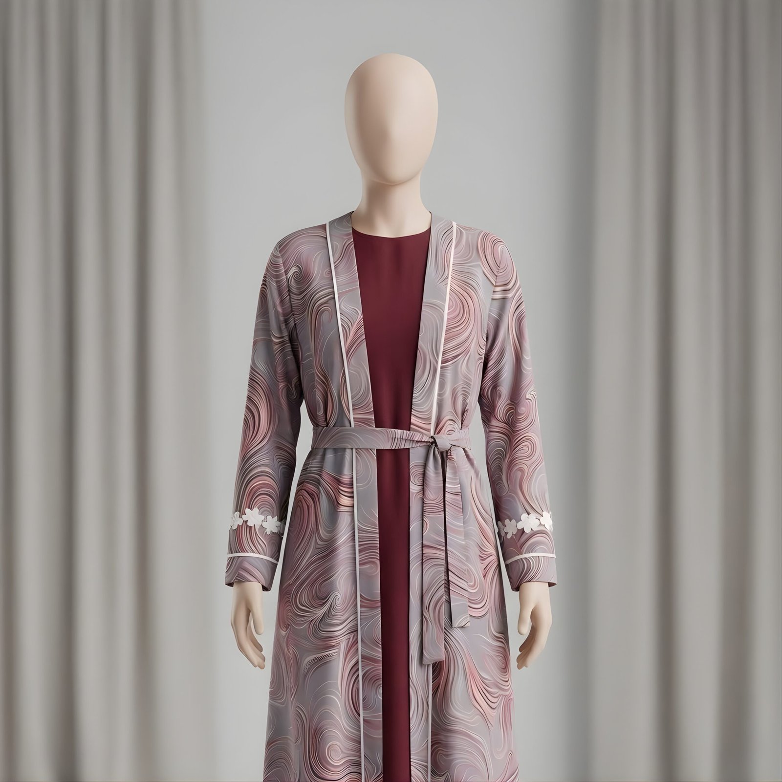 Mauve & Grey Abstract Swirl Print 3-Piece Abaya Set (Korean Georgette)