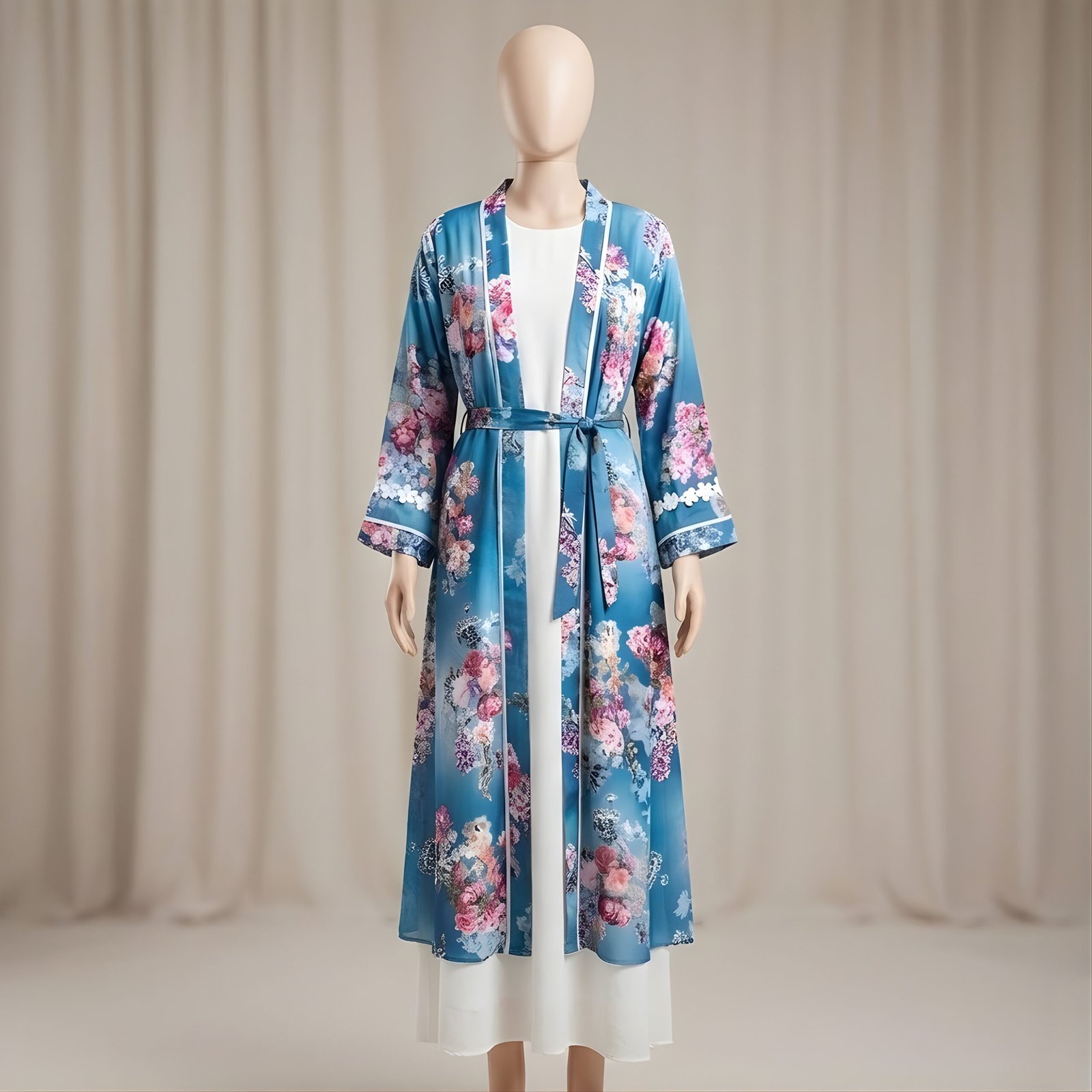 Teal Blue & Pink Floral Print 3-Piece Abaya Set (Korean Georgette)
