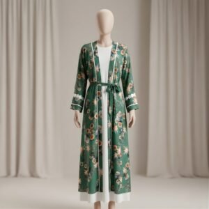 Forest Green & Gold Floral Print 3-Piece Abaya Set (Korean Georgette)