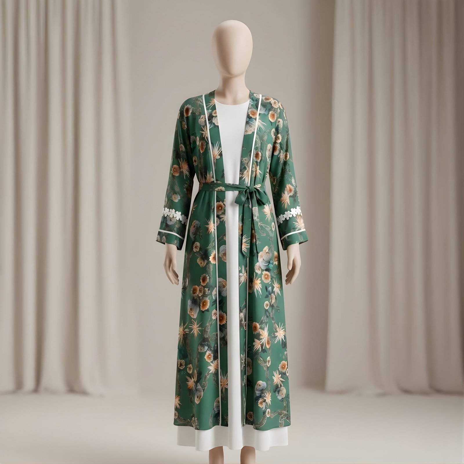 Forest Green & Gold Floral Print 3-Piece Abaya Set (Korean Georgette)