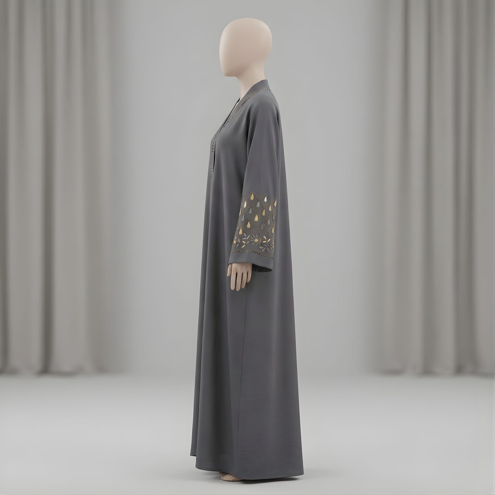 Elegant Mocha Brown Open-Front Abaya with Leaf Embroidery - Image 2