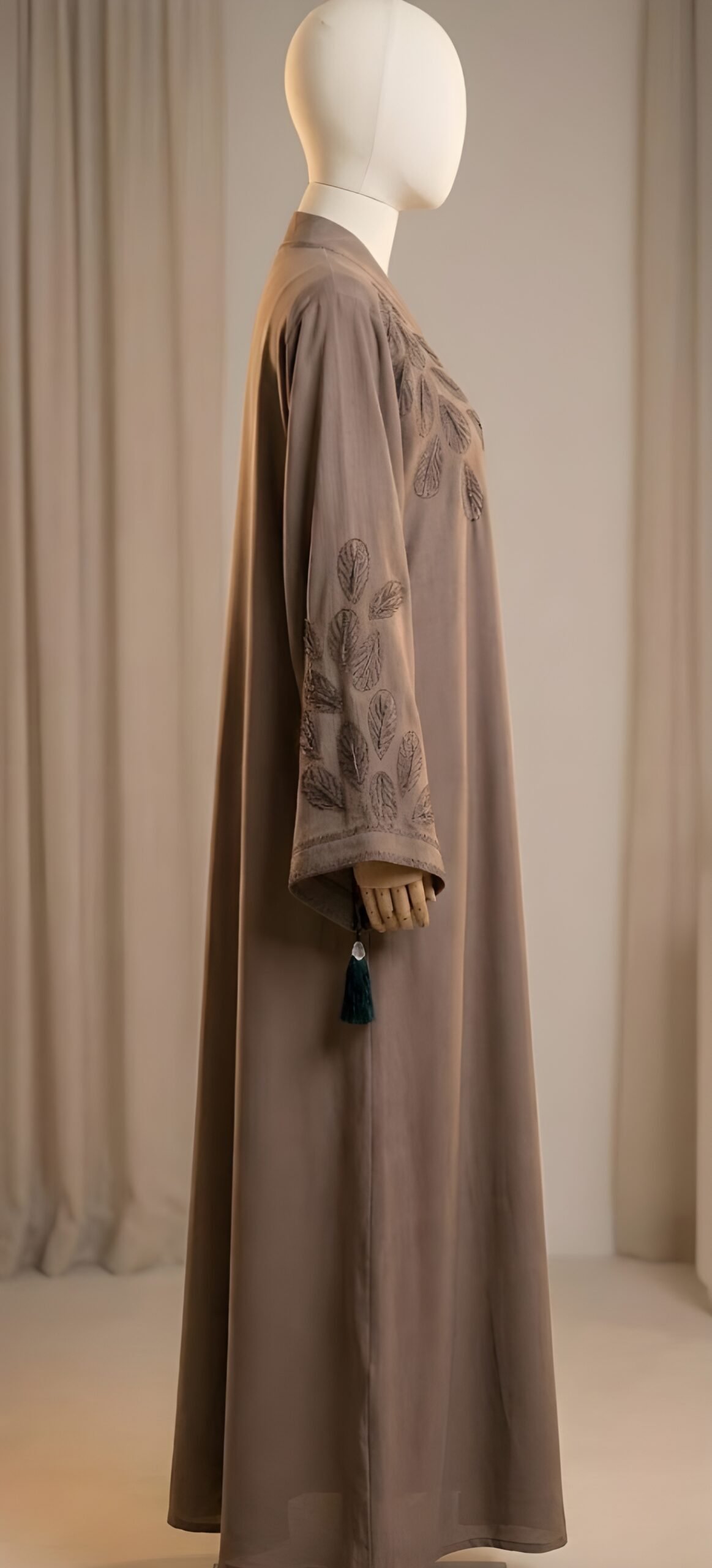 Sophisticated Charcoal Grey Open-Front Abaya with Gold Teardrop Sleeve Embroidery - Image 2