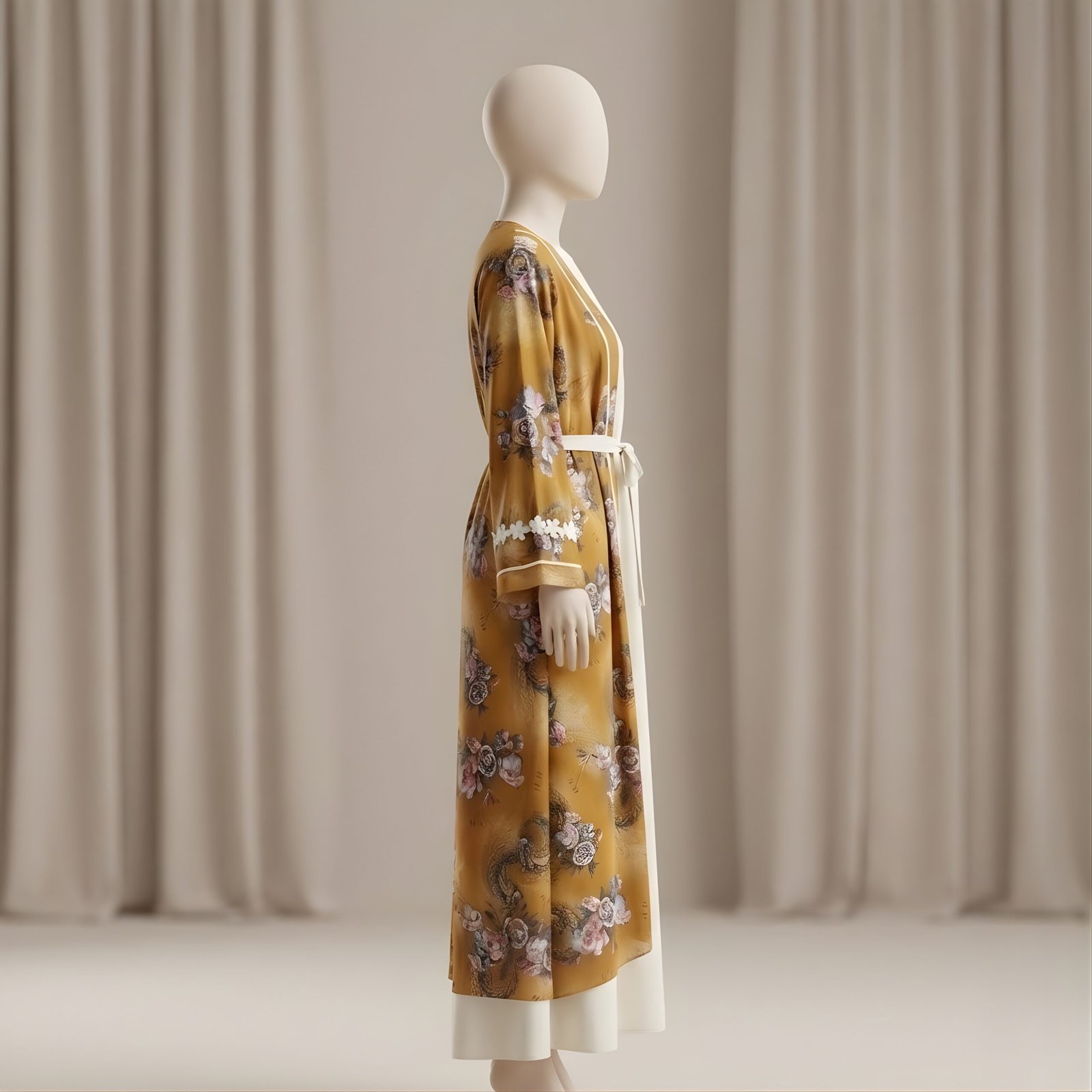 Golden Mustard Floral Print 3-Piece Abaya Set (Korean Georgette) - Image 2