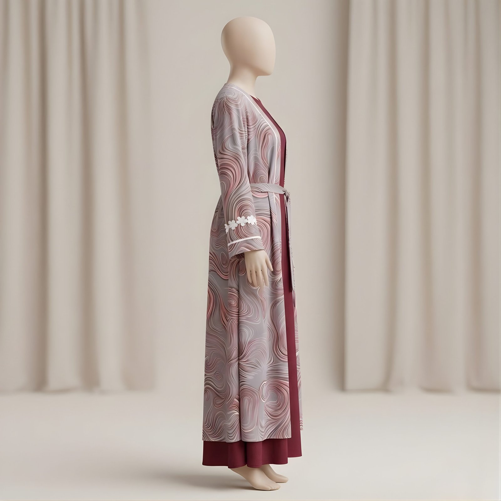 Mauve & Grey Abstract Swirl Print 3-Piece Abaya Set (Korean Georgette) - Image 2