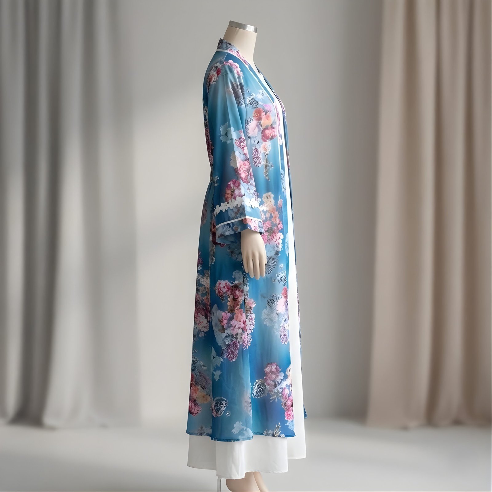 Teal Blue & Pink Floral Print 3-Piece Abaya Set (Korean Georgette) - Image 2