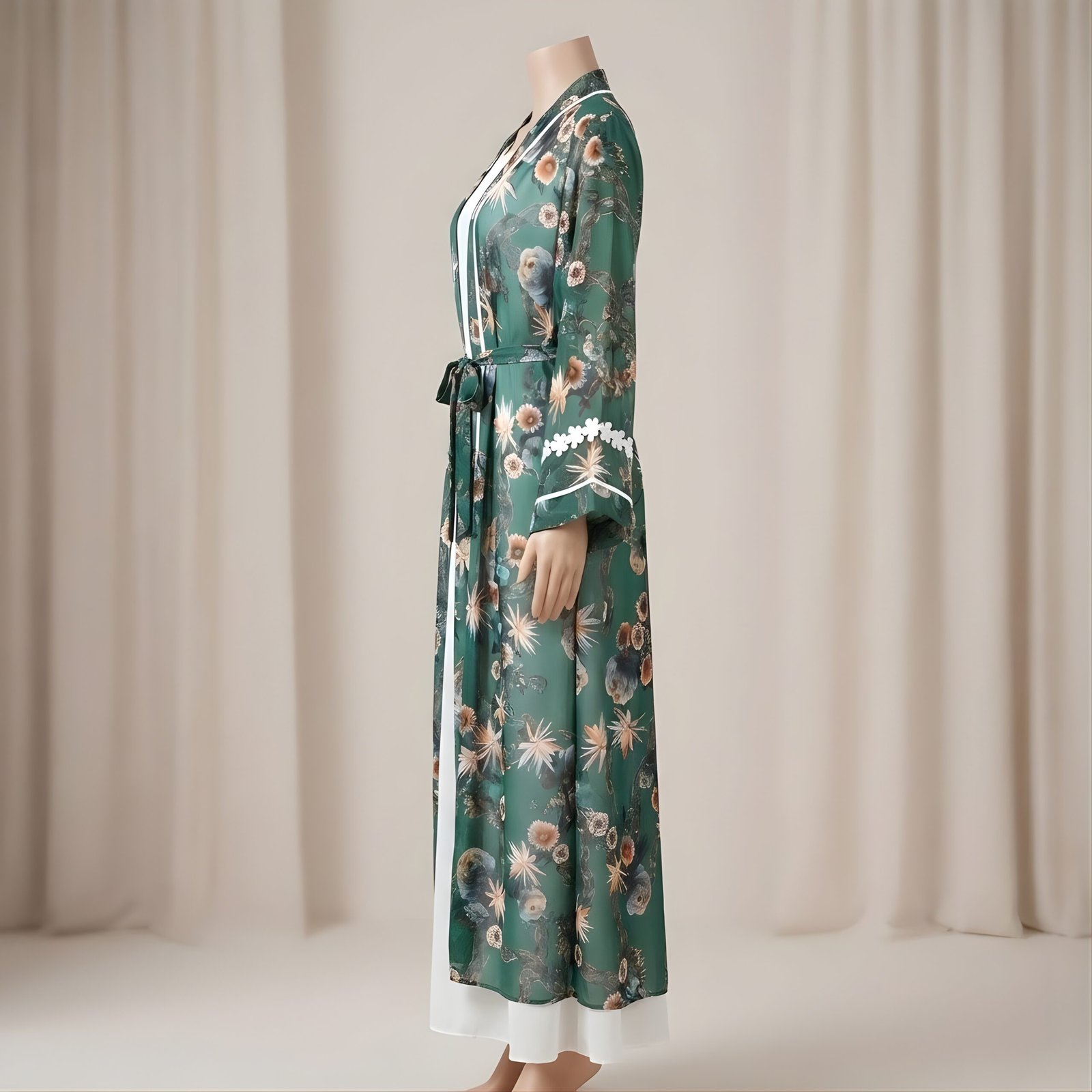 Forest Green & Gold Floral Print 3-Piece Abaya Set (Korean Georgette) - Image 2