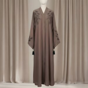 Sophisticated Charcoal Grey Open-Front Abaya with Gold Teardrop Sleeve Embroidery