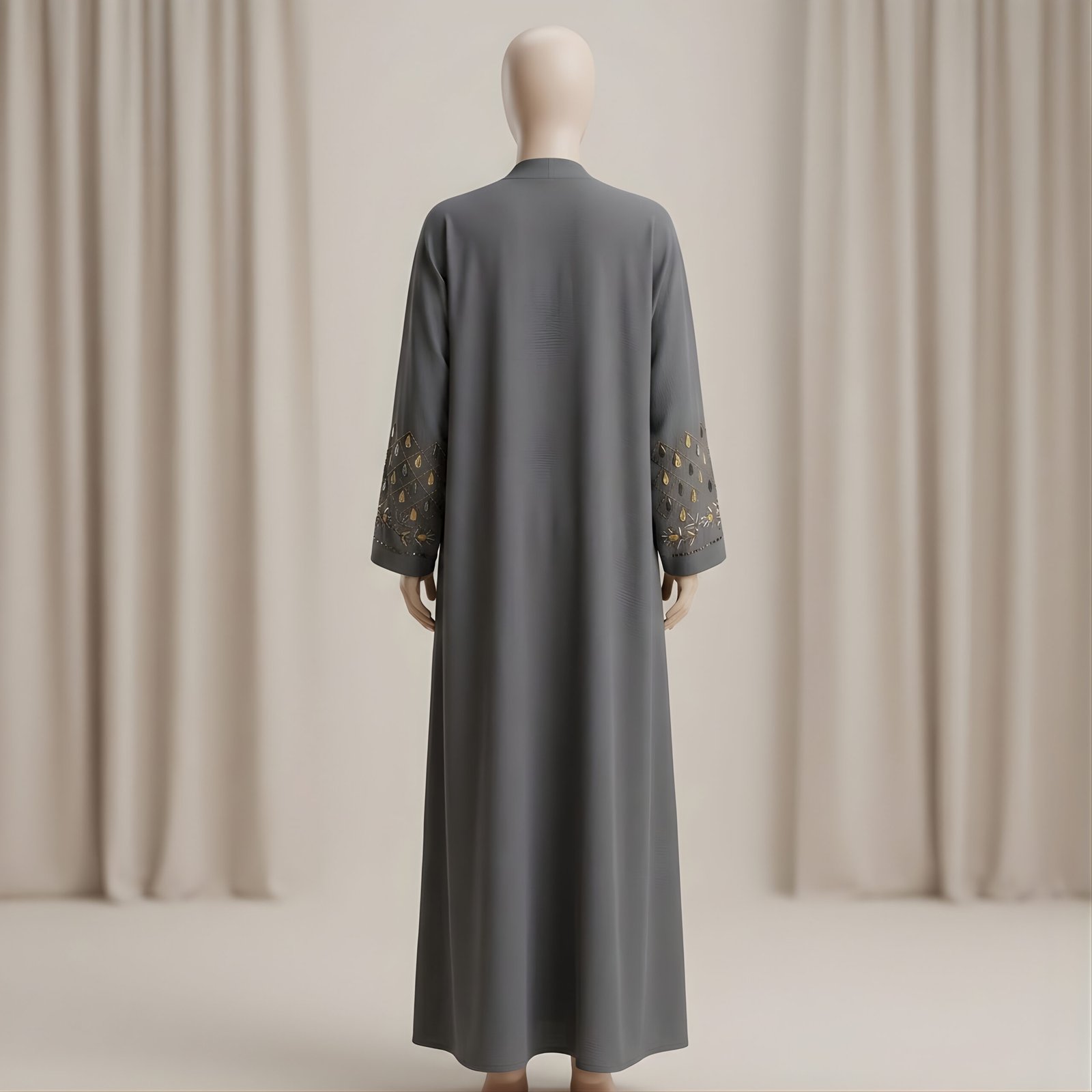 Elegant Mocha Brown Open-Front Abaya with Leaf Embroidery - Image 3