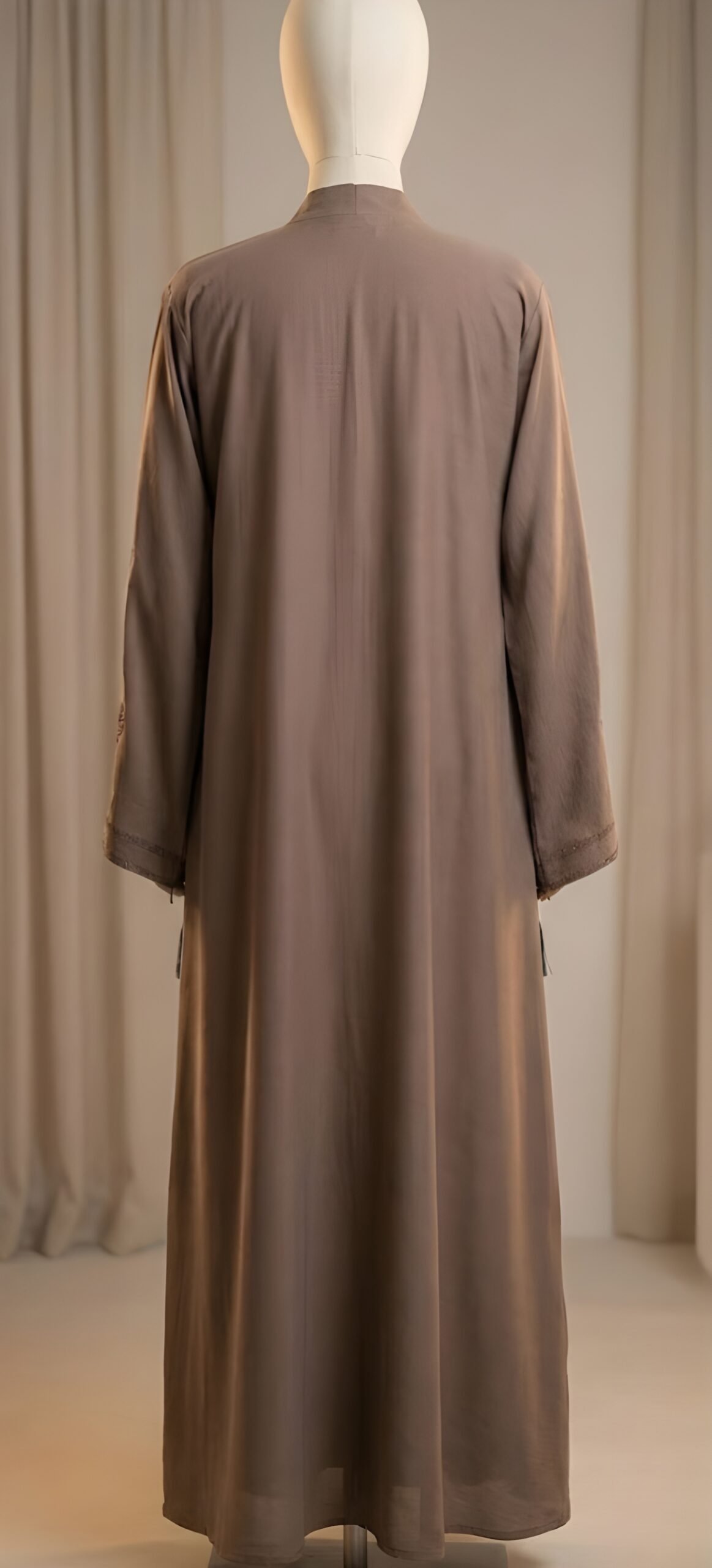 Sophisticated Charcoal Grey Open-Front Abaya with Gold Teardrop Sleeve Embroidery - Image 3