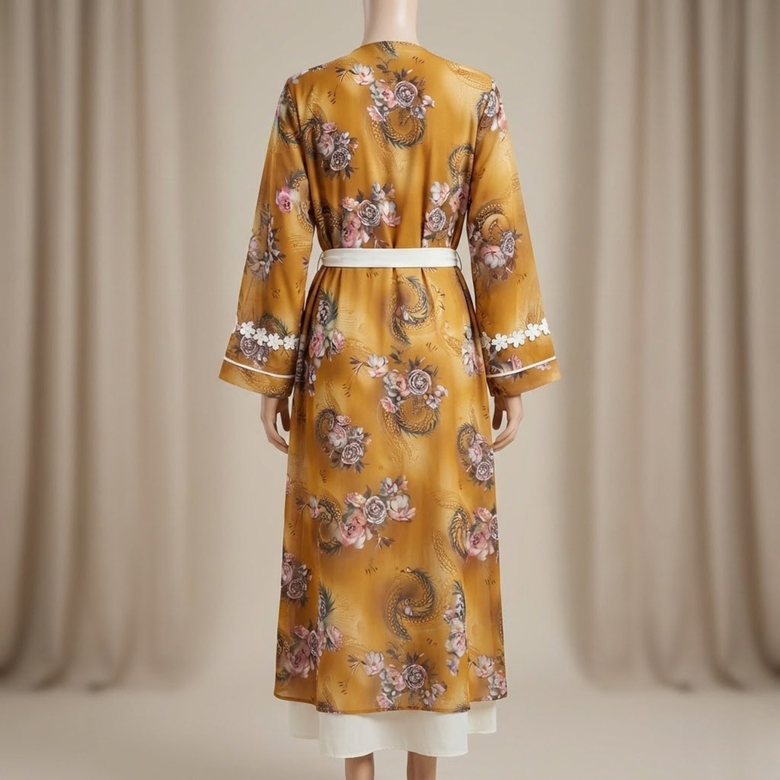 Golden Mustard Floral Print 3-Piece Abaya Set (Korean Georgette) - Image 3