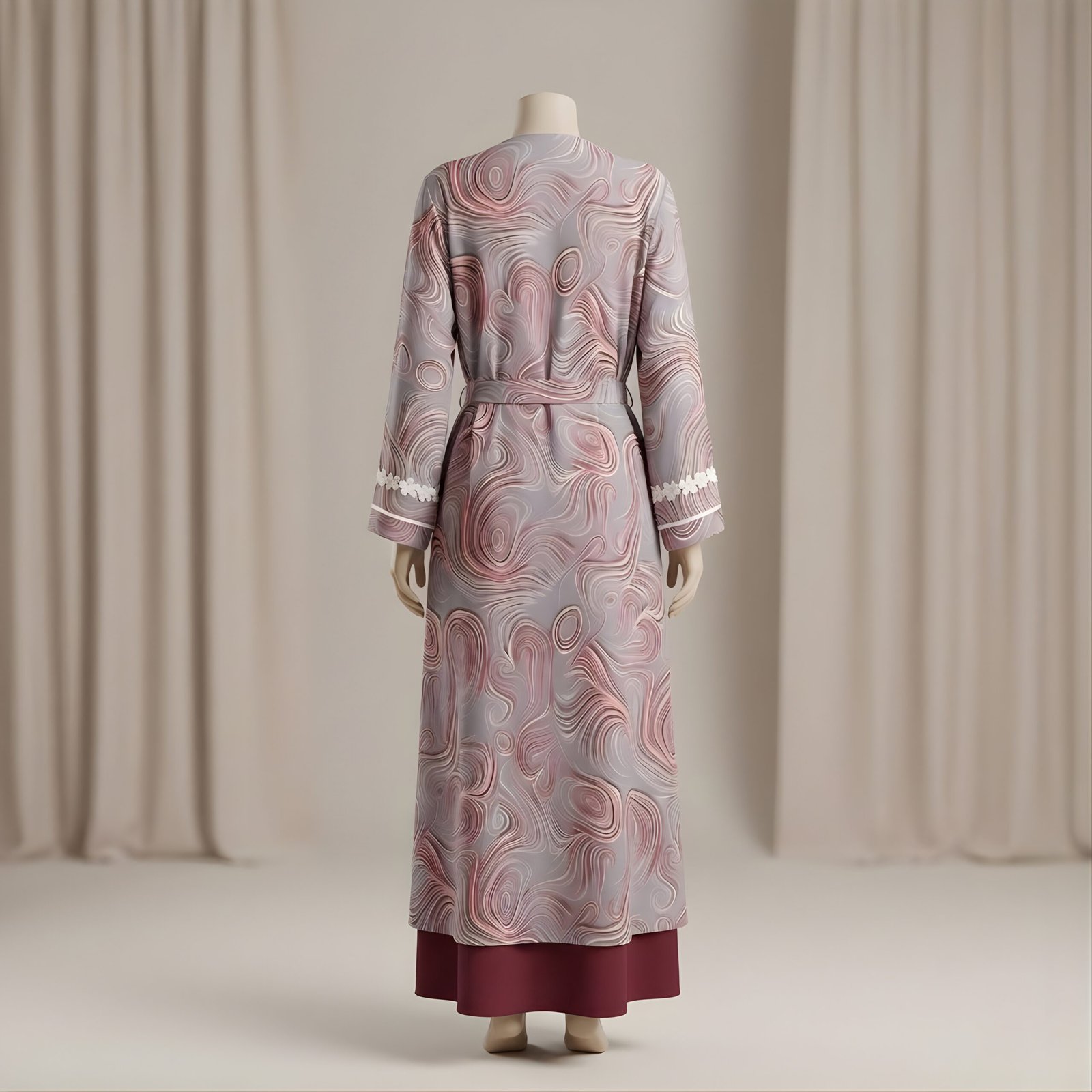 Mauve & Grey Abstract Swirl Print 3-Piece Abaya Set (Korean Georgette) - Image 3