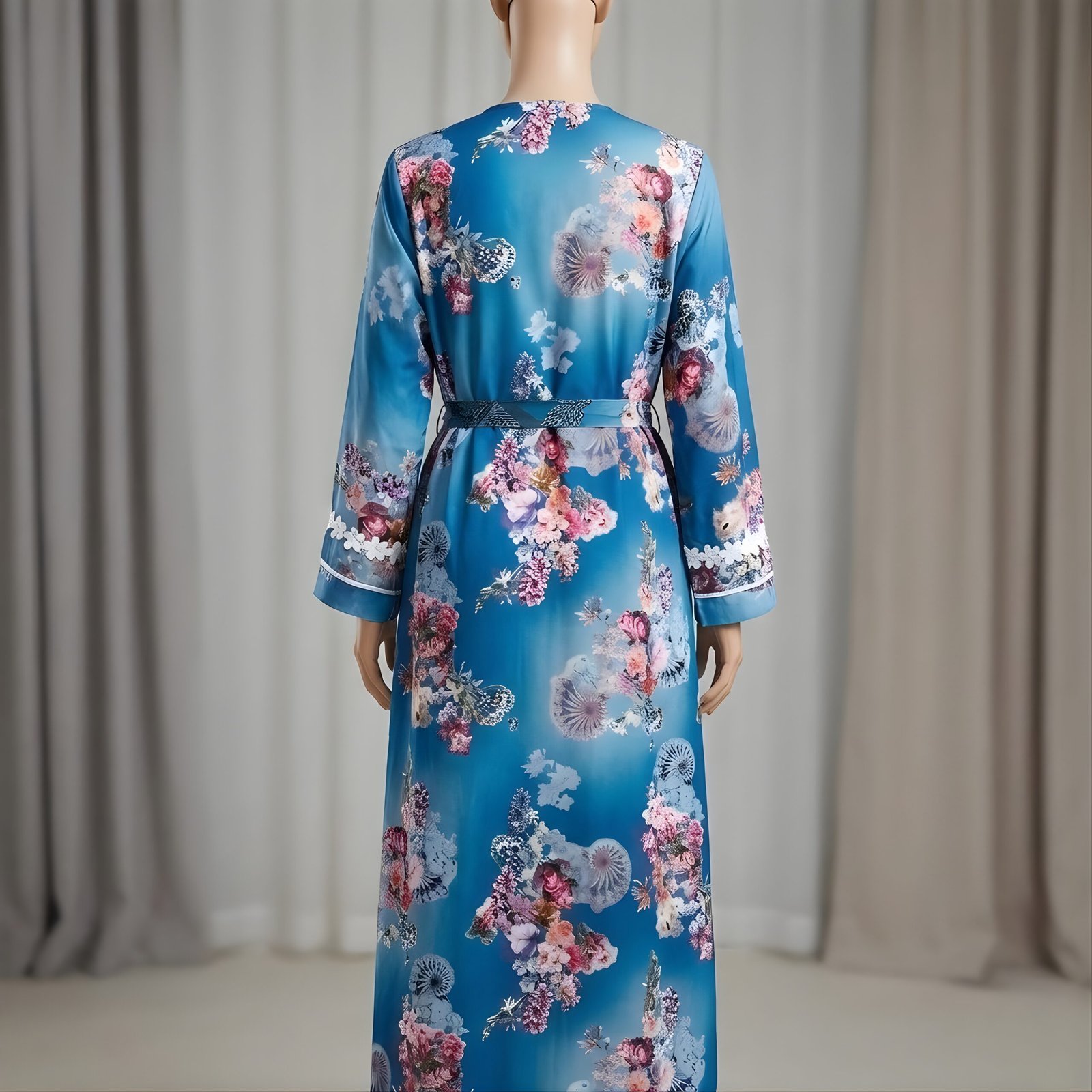 Teal Blue & Pink Floral Print 3-Piece Abaya Set (Korean Georgette) - Image 3