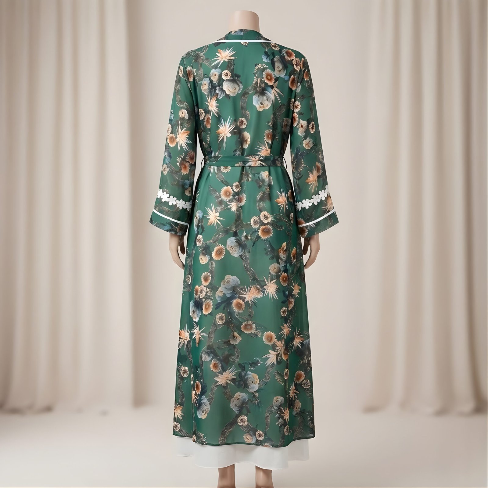 Forest Green & Gold Floral Print 3-Piece Abaya Set (Korean Georgette) - Image 3