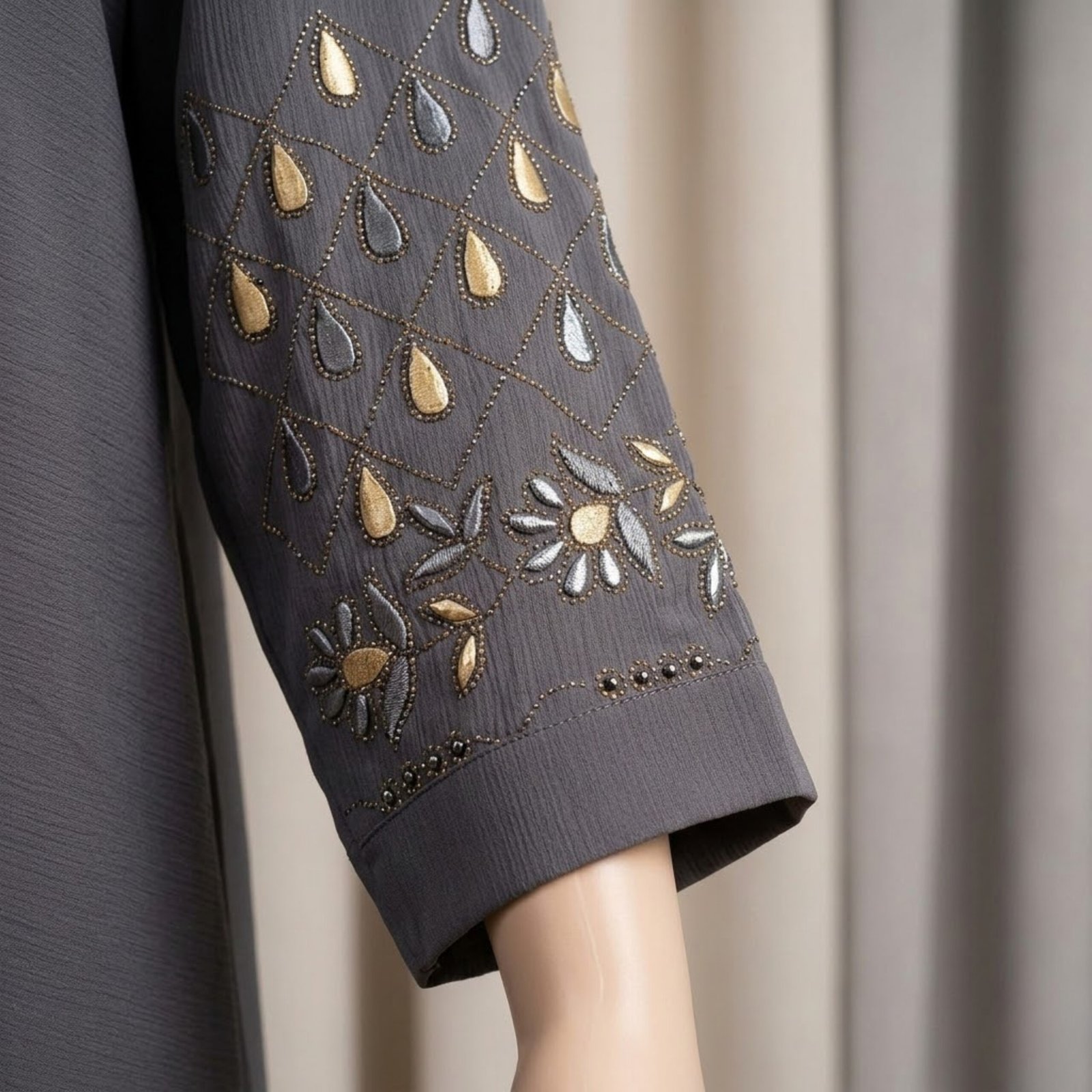 Elegant Mocha Brown Open-Front Abaya with Leaf Embroidery - Image 4