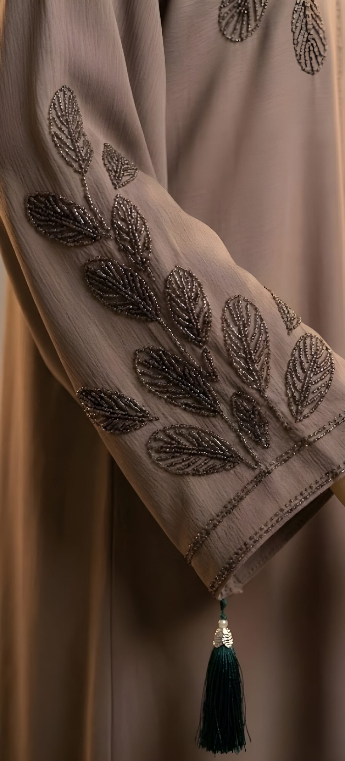 Sophisticated Charcoal Grey Open-Front Abaya with Gold Teardrop Sleeve Embroidery - Image 5