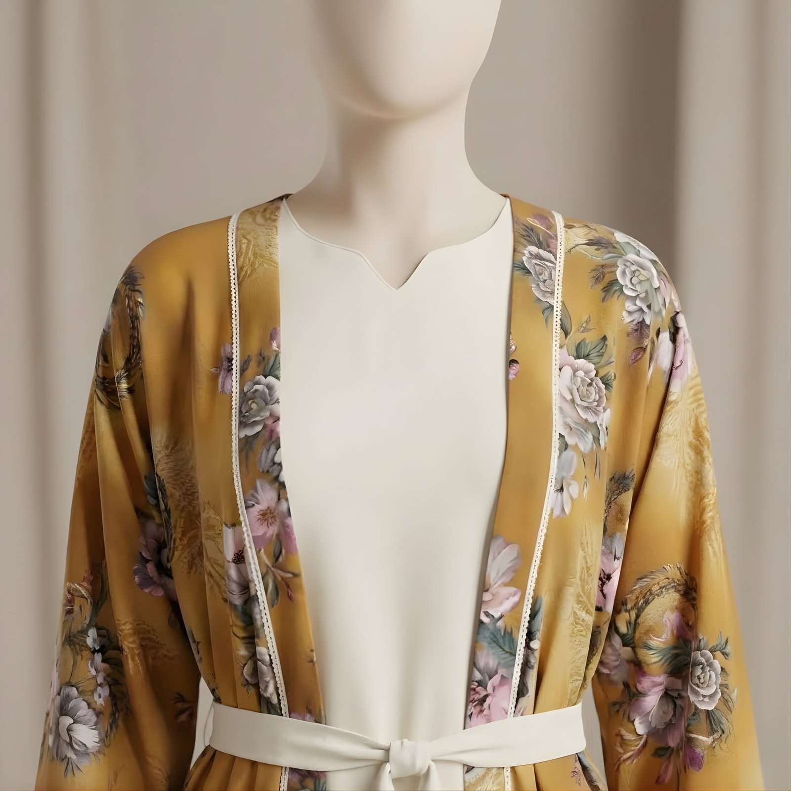 Golden Mustard Floral Print 3-Piece Abaya Set (Korean Georgette) - Image 4