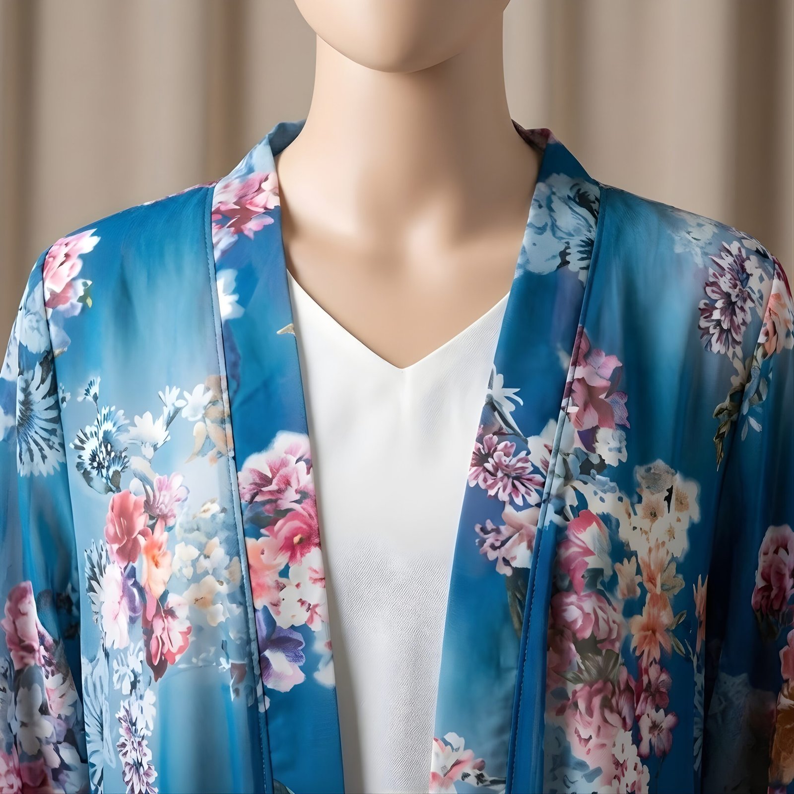 Teal Blue & Pink Floral Print 3-Piece Abaya Set (Korean Georgette) - Image 4