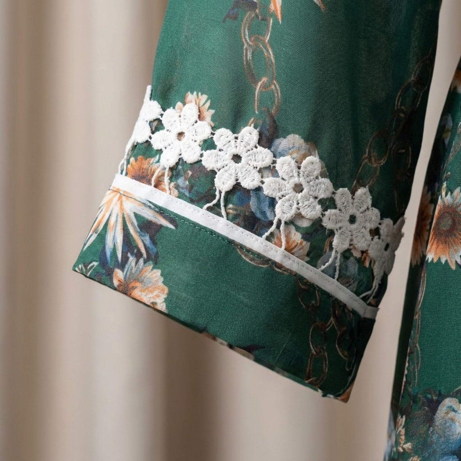 Forest Green & Gold Floral Print 3-Piece Abaya Set (Korean Georgette) - Image 4