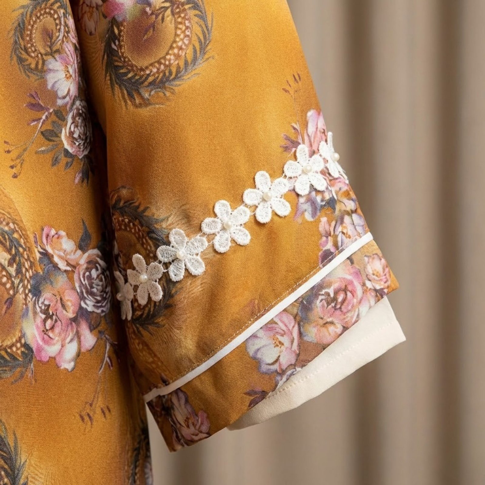 Golden Mustard Floral Print 3-Piece Abaya Set (Korean Georgette) - Image 5